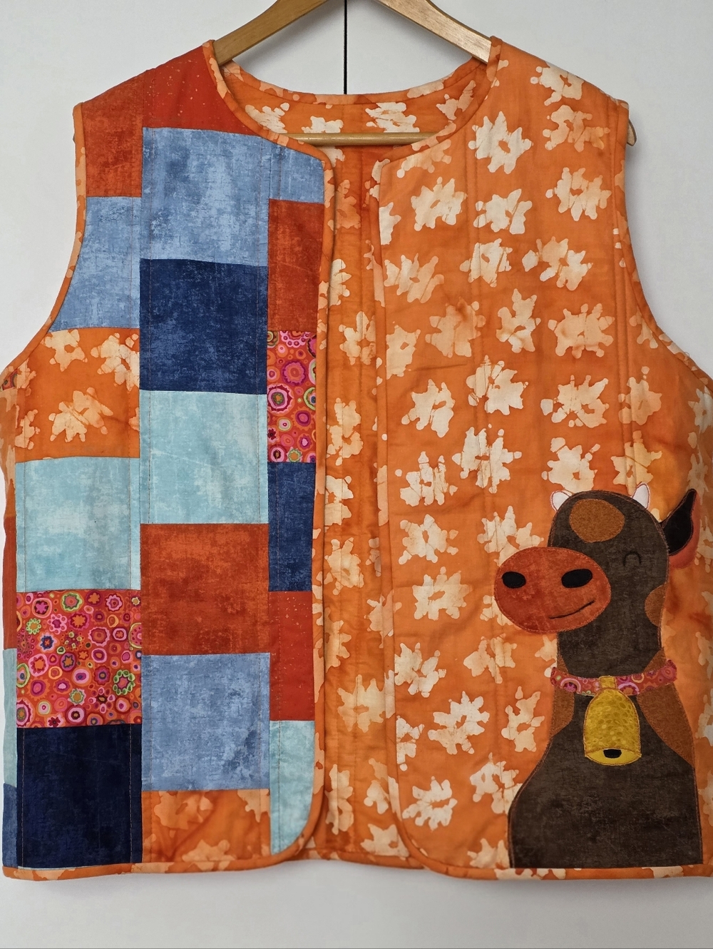 Handmade Orange Patchwork Quilted  Reversible Vest with Cow Applique